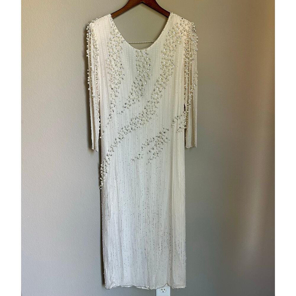 Vintage Sho Max Silk Beaded Maxi Dress Off-White Scoop Neck Bride Wedding